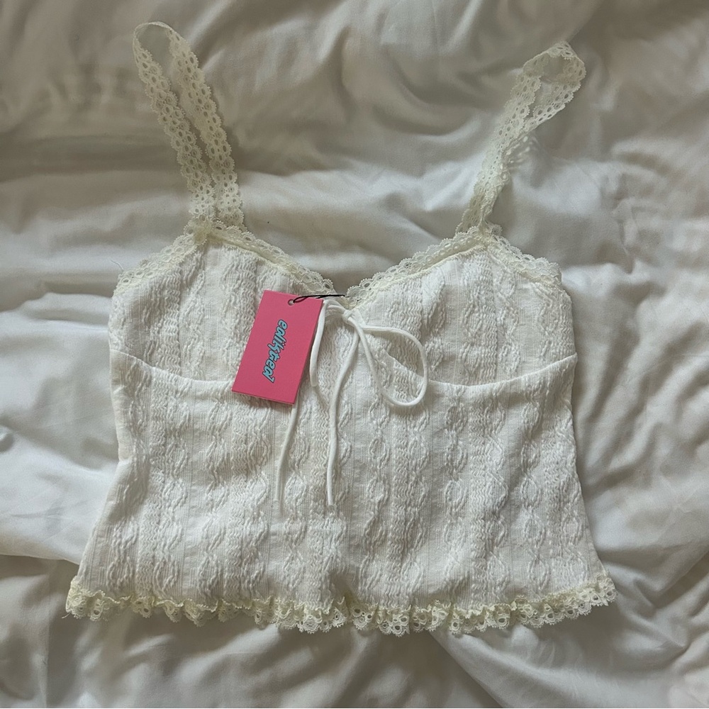 Edikted Lacy Knit Tank Top White Lace Trim Camisole